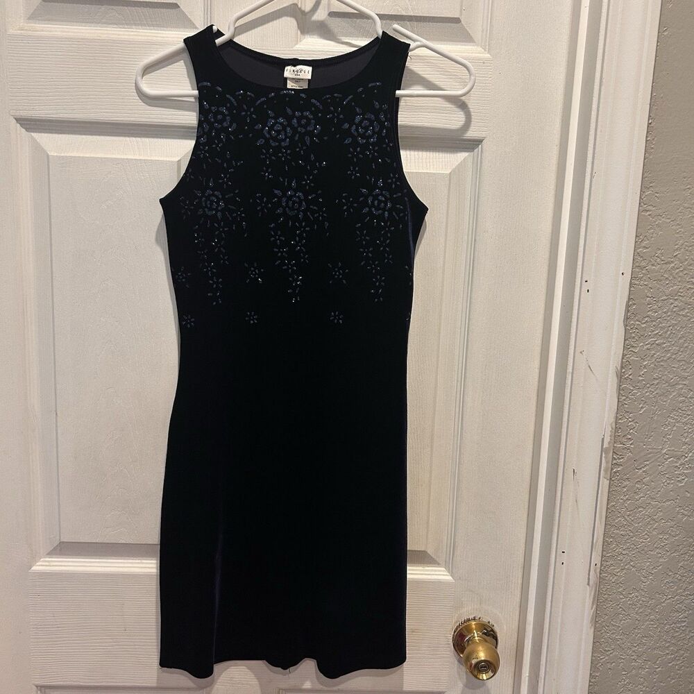 Finesse Vintage 90s Y2K Womens Tank Dress Sz Small Navy Velvet‎ Bling USA